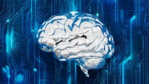 Stylized metallic brain overlayed on a blue circuitry background