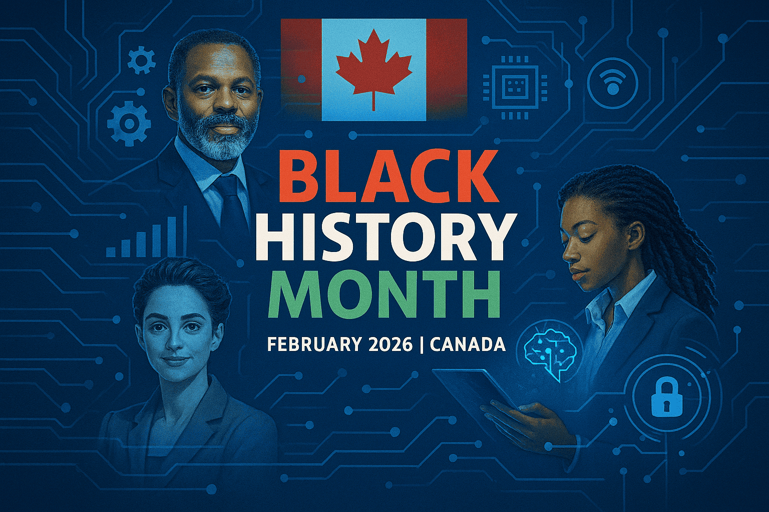 Black history month banner featuring Canadian symbolism, diverse professionals, and digital technology elements representing innovation and progress
