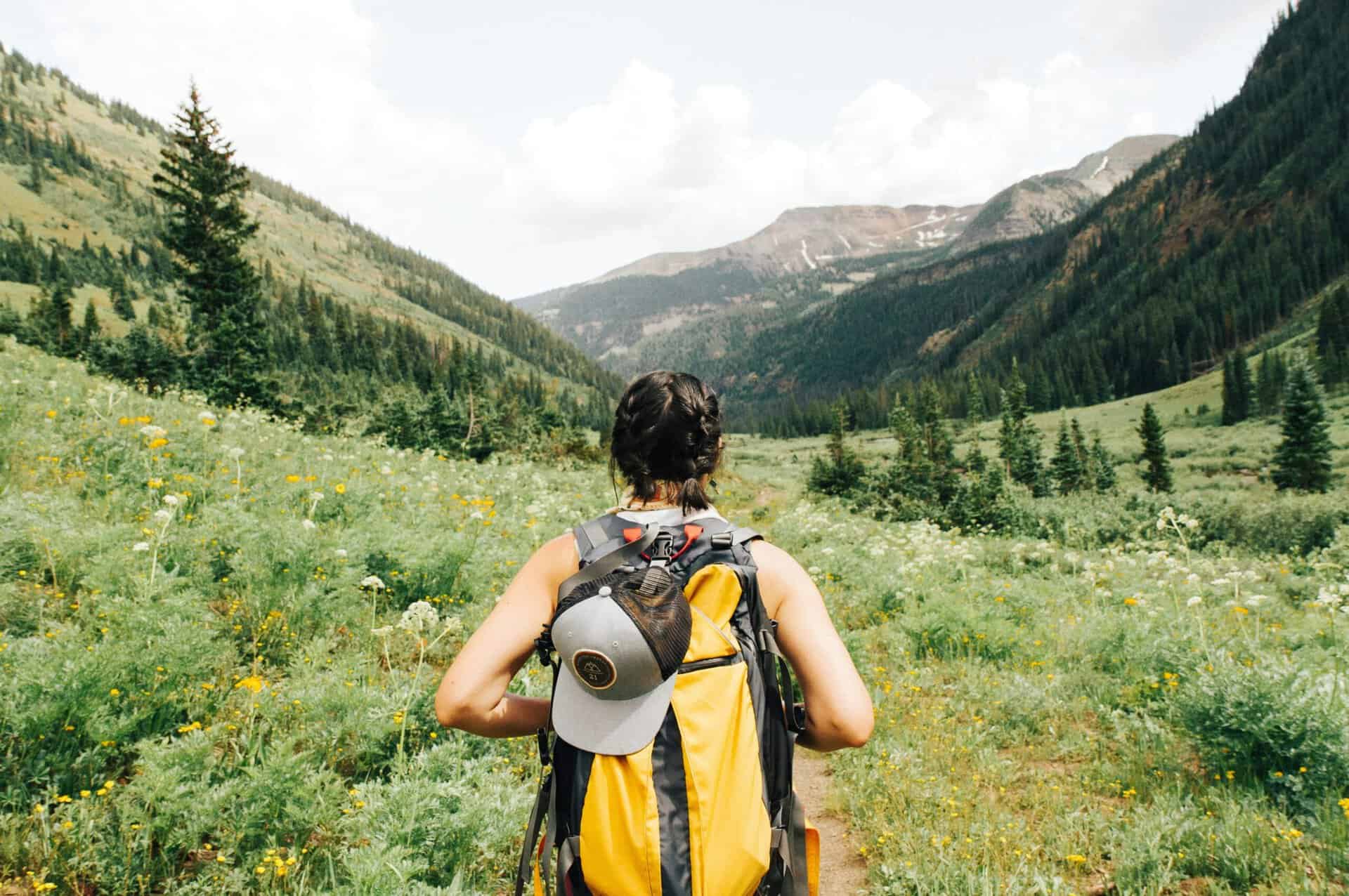 Backpacker walking through a meadow in a mountainous landscape under a cloudy sky.